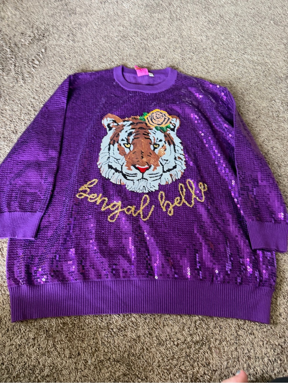 QUEEN OF SPARKLES Purple Sequin Tiger Graphic Sweater